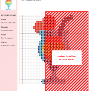 Cross stitch pattern design of a vibrant rainbow layered cocktail in a stemmed glass, garnished with a red heart.