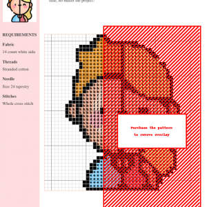 A cross-stitch pattern depicting a stylized illustration of a person with features representing both male and female genders, symbolizing transgender identity. The design uses pastel colors.