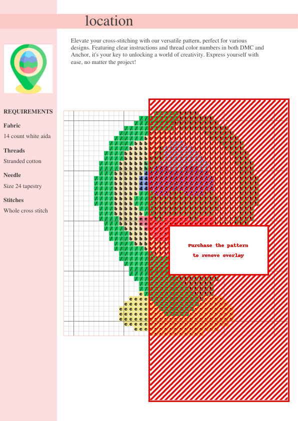 Cross stitch pattern design featuring a pastel-colored Easter egg inside a green location pin, perfect for springtime crafting projects.