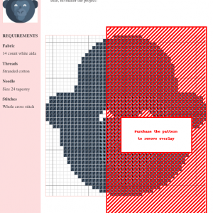 Cross stitch pattern featuring a cute, stylized gorilla face in shades of gray and blue.