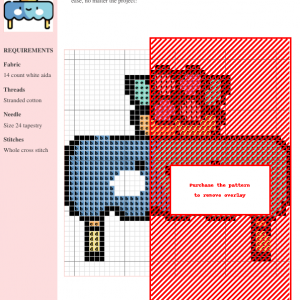 Cross stitch pattern of a cute, smiling table adorned with a small flower arrangement.