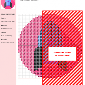 Image of a cross stitch pattern depicting a cute, cartoon-style rocket ship against a pink background. Perfect for space-themed crafts.