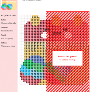 Cross stitch pattern featuring a cute cartoon calendar with bunny ears and pastel Easter eggs.