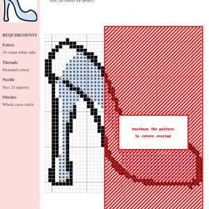 Cross stitch pattern of a single, elegant glass slipper high heel shoe. The design is simple yet detailed, perfect for intermediate stitchers.