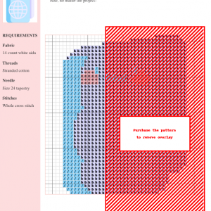 Cross stitch pattern featuring a cute, cartoon-style passport with a world globe. Pastel blue and pink color scheme.