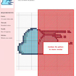Image of a cross stitch pattern depicting a light blue cloud with motion lines suggesting movement, suitable for needlepoint and embroidery projects.