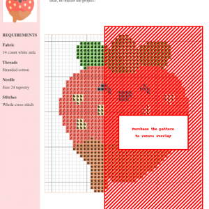 Image of a charming cross-stitch pattern featuring a chocolate-dipped strawberry with a cute, smiling face.