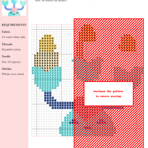Cross stitch pattern of a whimsical three-candle candelabrum with a heart-shaped base and smiling face, featuring pastel yellow, teal, and pink colors.