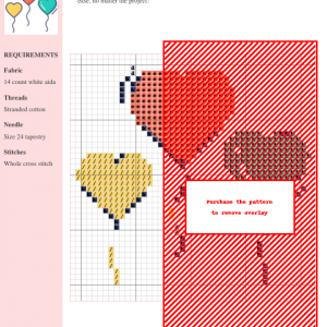 Image of a cross stitch pattern featuring three heart-shaped balloons in coral, teal, and yellow.
