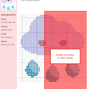 Cross stitch pattern featuring a cute, smiling cloud with light purple coloring and three light blue raindrops.