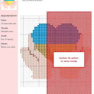 Cross stitch pattern depicting a heart in the colors of the Ukrainian flag, held gently in two hands.
