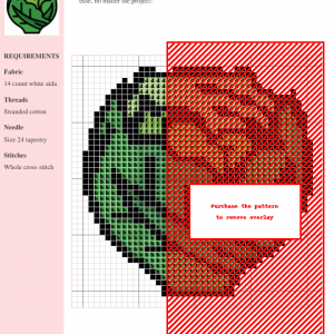 A charming cross-stitch pattern depicting a detailed cabbage, featuring shades of green and a simple, bold outline.