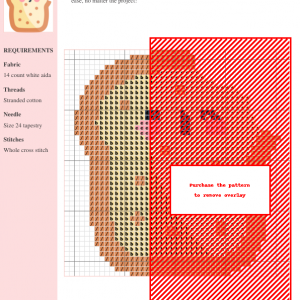 Image of a cross stitch pattern depicting a cute, cartoon slice of whole grain toast with a bite taken out of it.