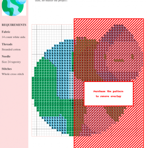Cross stitch pattern design featuring a smiling water drop next to a stylized Earth. Green and blue color palette.