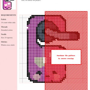 Cross stitch pattern of a cute, pink doorknob hanger with hearts and a smiling face.