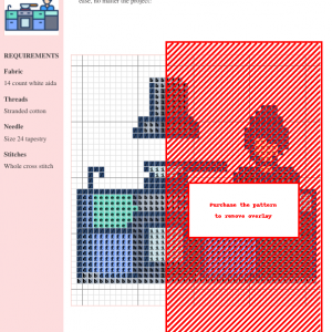 Cross stitch pattern depicting a woman cooking in a kitchen with a stove, cabinets, and range hood. The design features muted blues, greens, and neutrals.