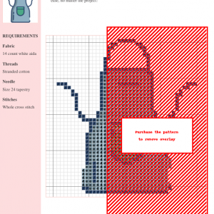 Cross stitch pattern depicting a cute apron with a teal pocket, ideal for kitchen décor or a handmade gift.