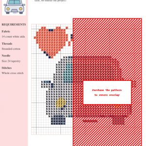 Image of a charming cross-stitch pattern depicting a light grey car with a red heart above it, symbolizing love for automobiles.