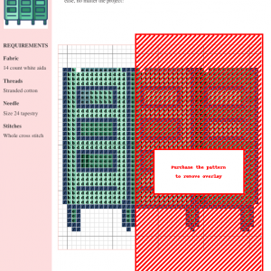 Image of a cross stitch pattern depicting three stylized lockers in varying shades of green.