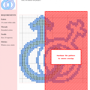 Cross stitch pattern depicting intertwined male and female symbols in soft blue and pink.