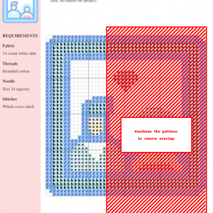 Cross stitch pattern depicting a simple illustration of a bride and groom inside a light blue picture frame with a pink heart above them.