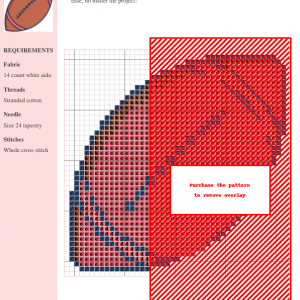 Cross stitch pattern of a rugby ball featuring brown and pink stitching details on a white background.