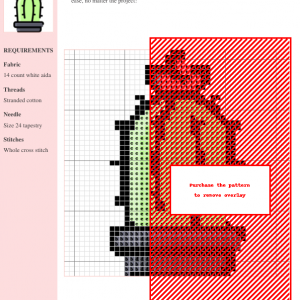 Cross stitch pattern featuring a charming cactus in a pot with a single pink flower.