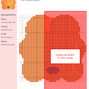 Cross stitch pattern showcasing a cute Afghan Hound dog's face in shades of orange and blue.
