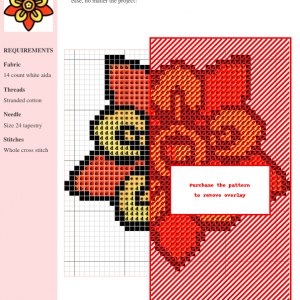 Cross stitch pattern featuring a stylized milkweed flower in shades of red and gold.