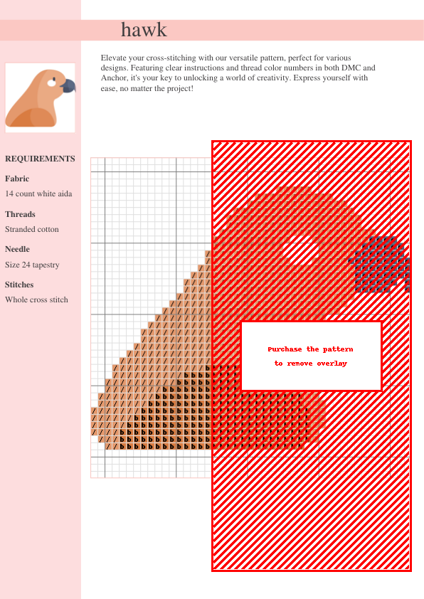 Image of a hawk cross stitch pattern design featuring a peach-colored bird with a dark gray beak, suitable for needlepoint and counted cross stitch projects.
