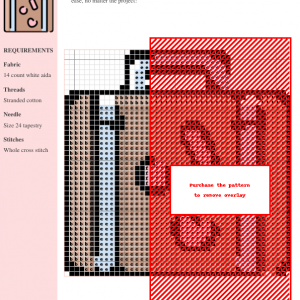 Image of a cross stitch pattern depicting a brown suitcase adorned with pink stickers; a cute and charming travel design.
