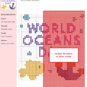 Image of a World Oceans Day cross stitch pattern featuring a goldfish, anchor, and the text 'World Oceans Day'.
