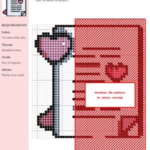 Image of a cross stitch pattern design depicting a love letter with pink hearts.