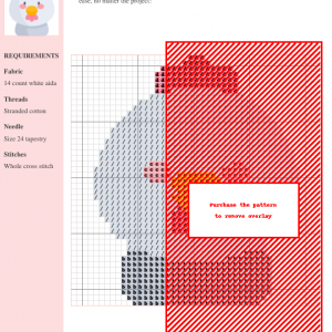 Close-up of a charming cross stitch pattern depicting a cute cartoon chicken, featuring pink accents and simple shapes.