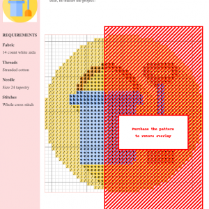 Cross stitch pattern featuring a light blue bucket and orange spade on a yellow background. Perfect for beach-themed crafts.