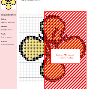 Cross stitch pattern featuring a stylized yellow flower with four petals, simple black outlines, and a detailed center.