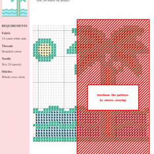 Cross stitch pattern depicting a simplified palm tree on a beach scene with ocean waves and a sun, featuring a pastel color palette.