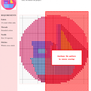 Image of a charming cross stitch pattern depicting a simplified sailboat in shades of purple, blue, and yellow on a pink background.
