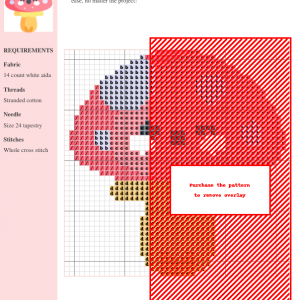 Cross stitch pattern featuring a charming, cartoonish mushroom with red cap, white spots, and a yellow stem.