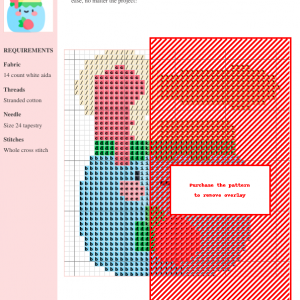 Cross stitch pattern of a cute, cartoon jam jar with a wooden spoon and dripping jam. Features pastel colors and a smiling jar face.
