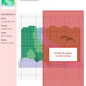 Image of a cross-stitch pattern depicting a meandering river flowing through a lush green landscape.