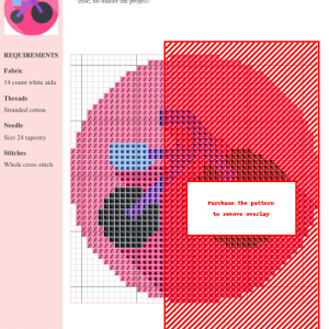 Image of a cross stitch pattern depicting a purple tricycle on a pink background. The design is simple and charming, ideal for beginners.