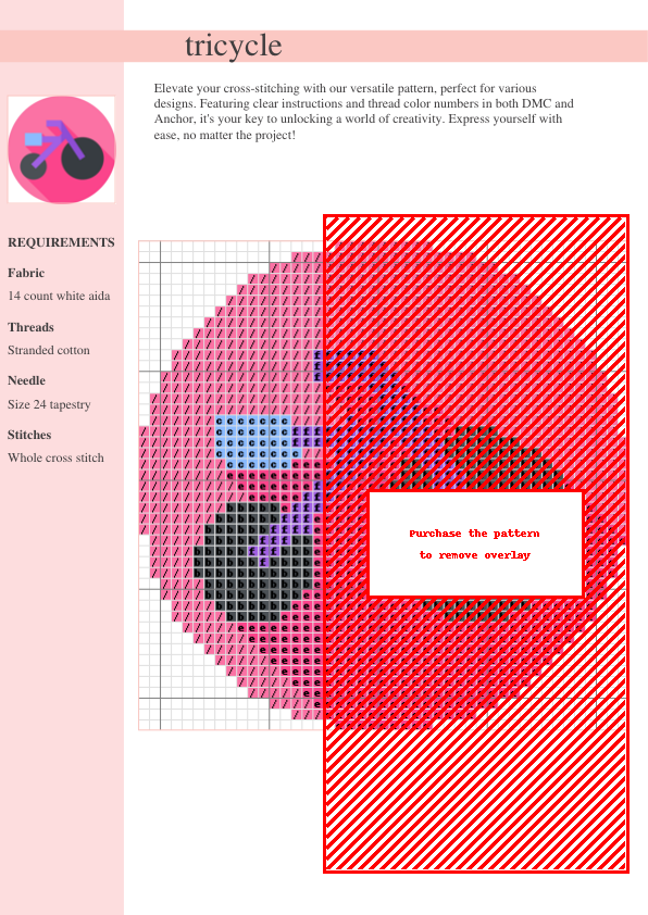 Image of a cross stitch pattern depicting a purple tricycle on a pink background. The design is simple and charming, ideal for beginners.