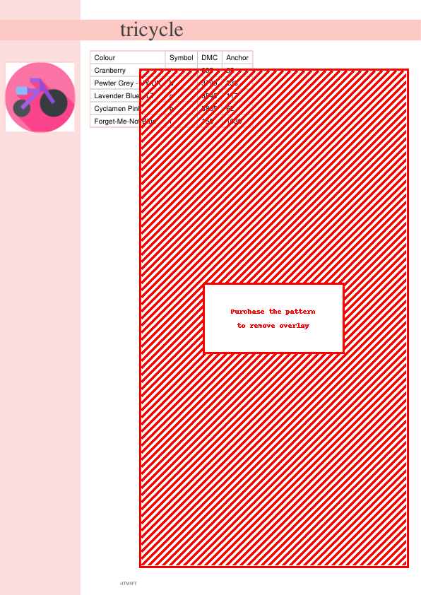 Image of a cross stitch pattern depicting a cute tricycle in pink and purple. Perfect for kids' rooms or handmade gifts.