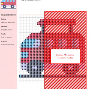 Image of a cross stitch pattern depicting a red caravan or campervan, perfect for needlepoint enthusiasts.