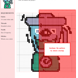Cross stitch pattern depicting a cute, cartoon blender with a smiling face, blending green liquid.