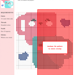 Cross stitch pattern featuring two cute, kawaii mugs in pink and teal, surrounded by small hearts. Perfect for beginners!