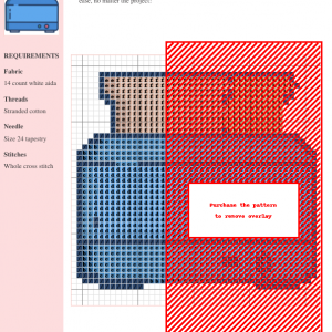 Cross stitch pattern design depicting a cute, blue toaster with two slices of golden brown toast popping up.