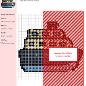 Image of a charming cruise ship cross stitch pattern design, featuring a detailed ship in blues, yellows, and blacks.
