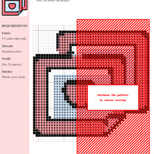 Cross stitch pattern depicting two overlapping pink photo frames with a red heart in the center, representing wedding photos.